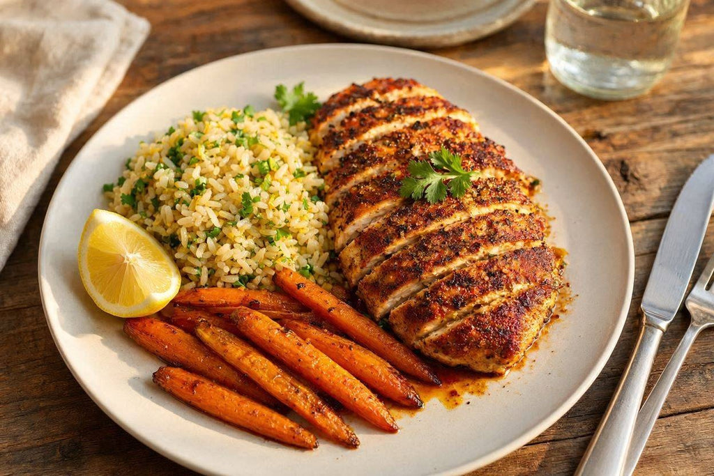 Cajun chicken, lemon cilantro rice and carrots