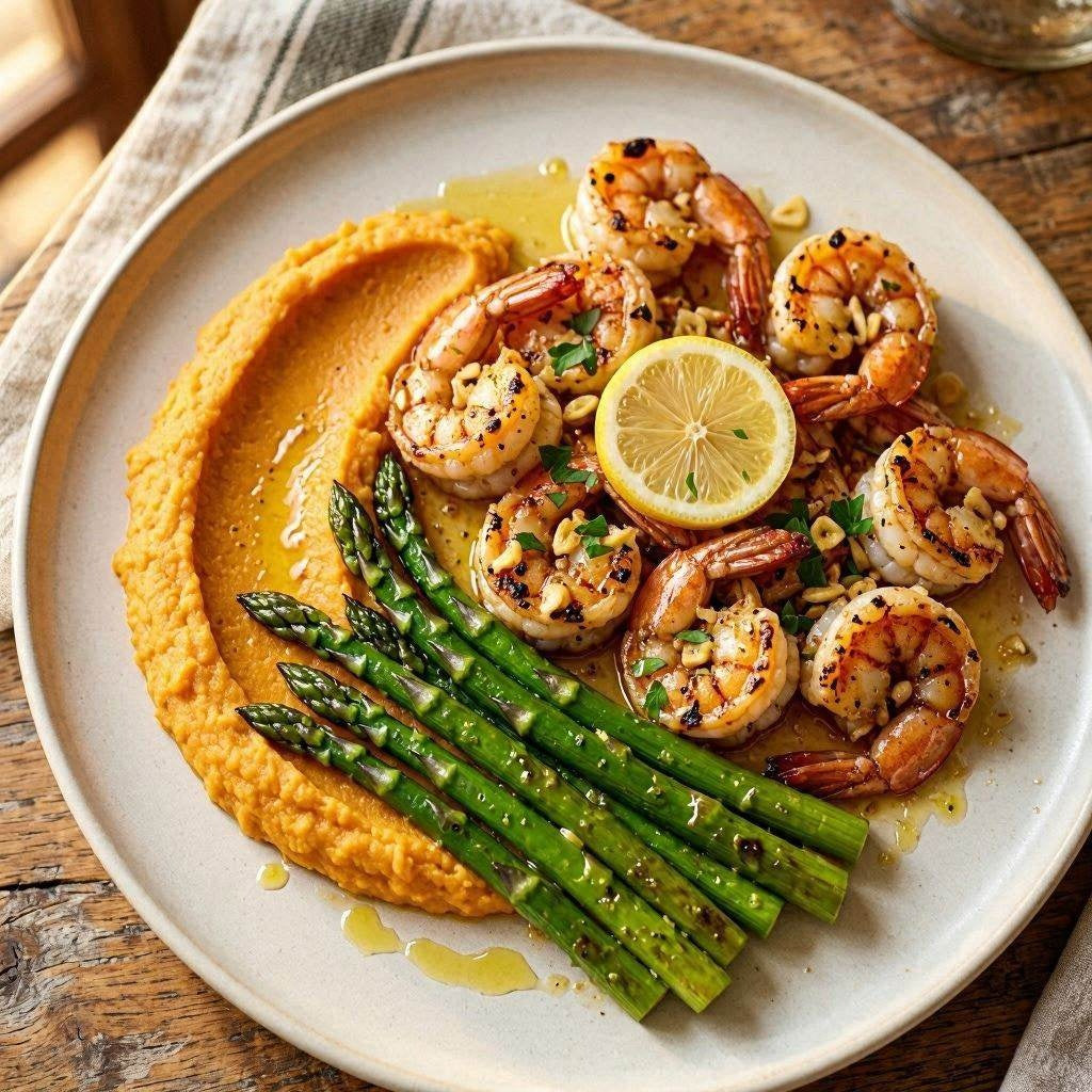 Garlic Lemon Shrimp with sweet potato pure and Asparagus