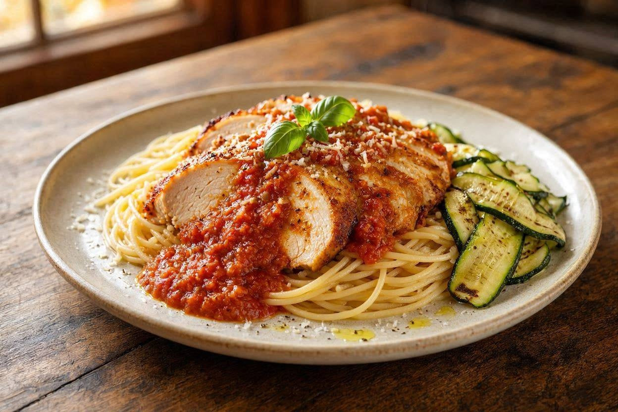 Italian turkey in marinara sauce with spaghetti and zucchini