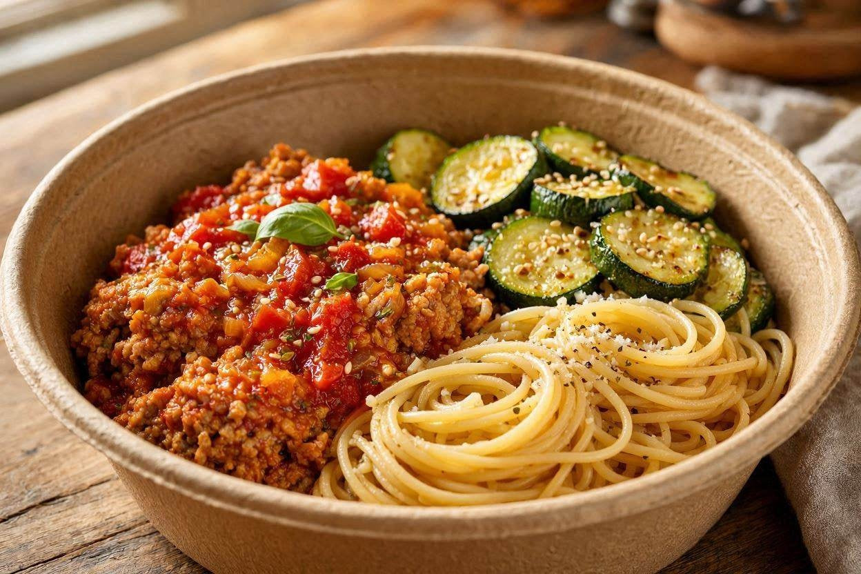 Italian turkey in marinara sauce with spaghetti and zucchini