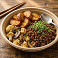 Korean bbq beef, with roasted potato, cauliflower & mushrooms