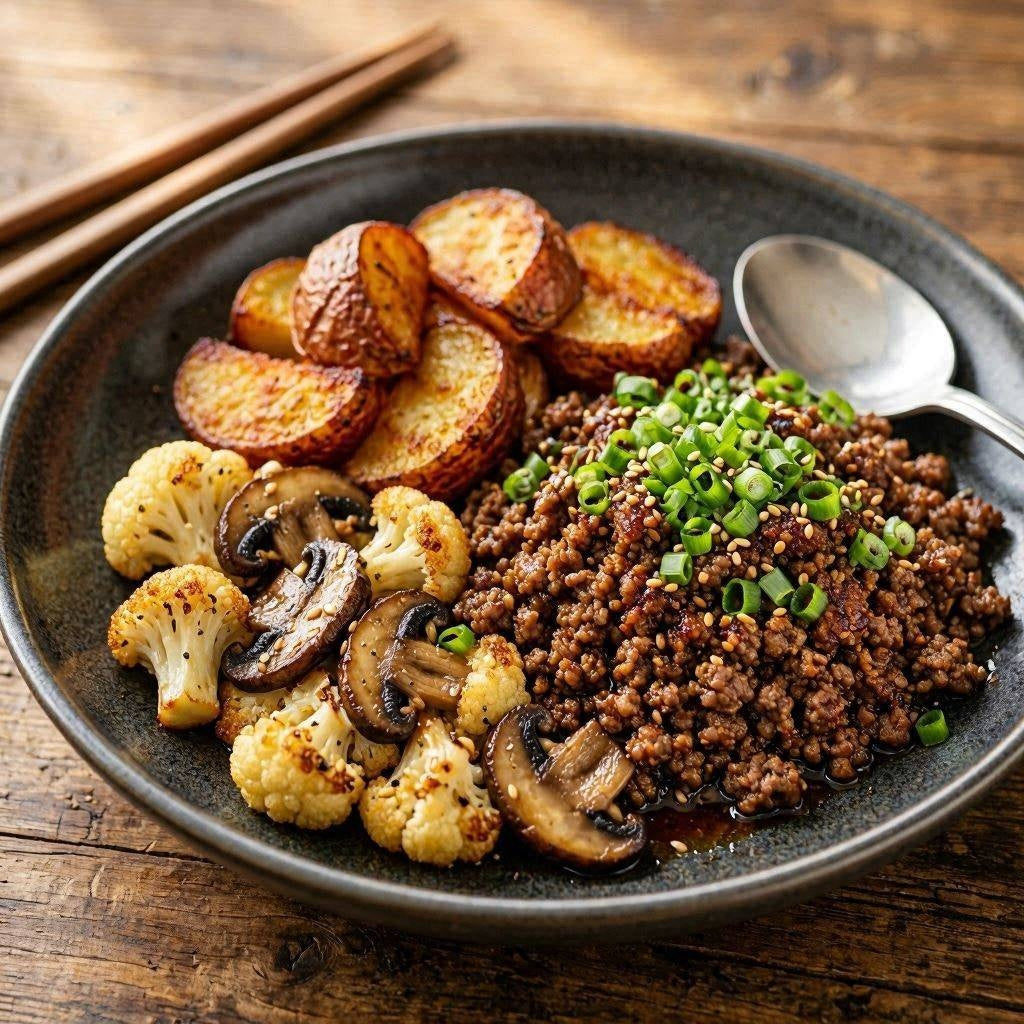 Korean bbq beef, with roasted potato, cauliflower & mushrooms