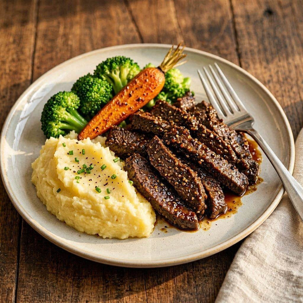 Pepper beef, mashed potatoes and broccoli with roasted carrots