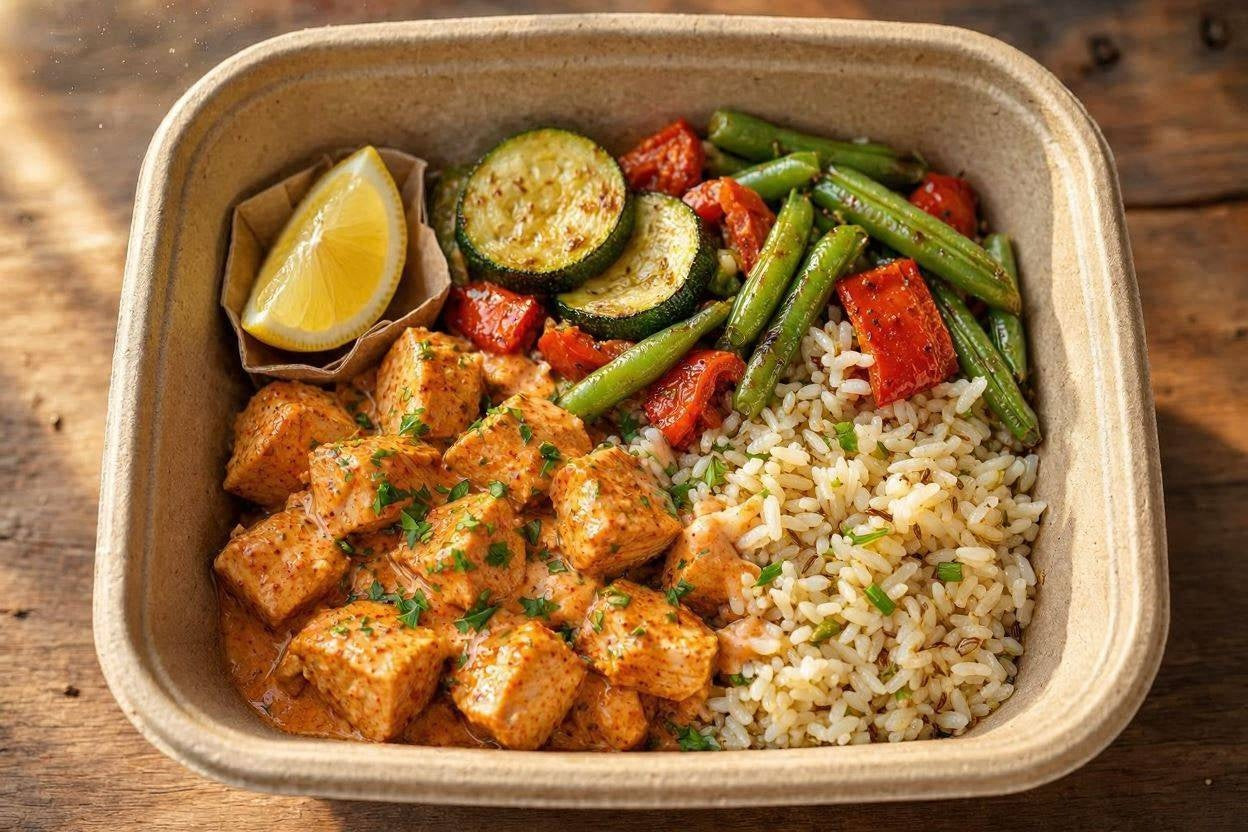 Sous vide Peri Peri chicken Served with seasoned rice and a roasted vegetable medley of zucchini, red peppers & French beans.
