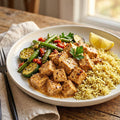 Sous vide Peri Peri chicken Served with seasoned rice and a roasted vegetable medley of zucchini, red peppers & French beans.