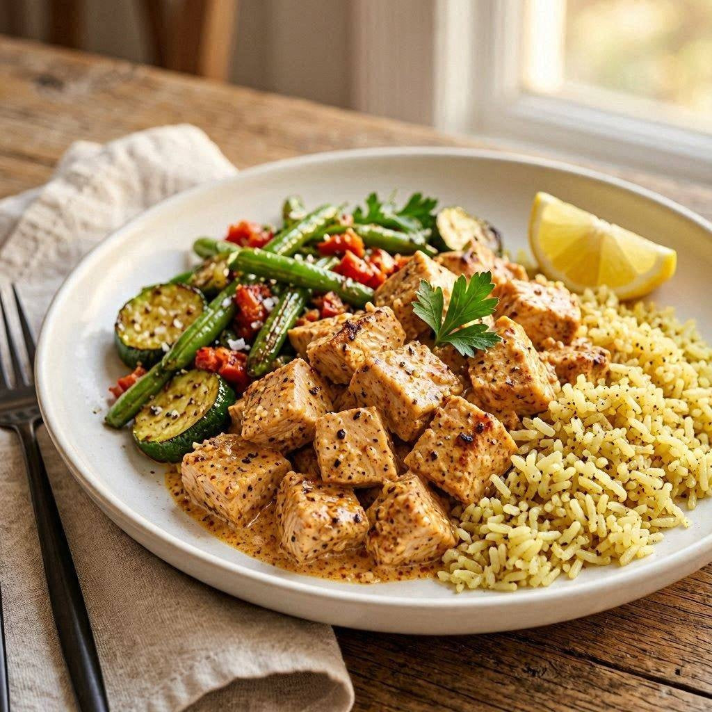 Sous vide Peri Peri chicken Served with seasoned rice and a roasted vegetable medley of zucchini, red peppers & French beans.