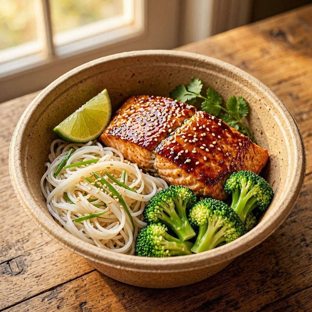 Teriyaki salmon with rice noodles and broccoli