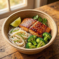 Teriyaki salmon with rice noodles and broccoli