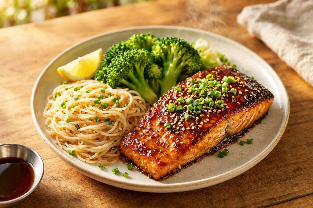 Teriyaki salmon with rice noodles and broccoli
