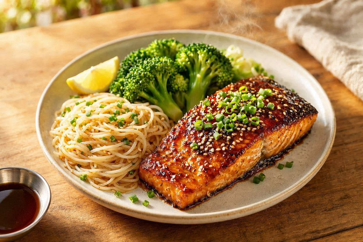 Teriyaki salmon with rice noodles and broccoli