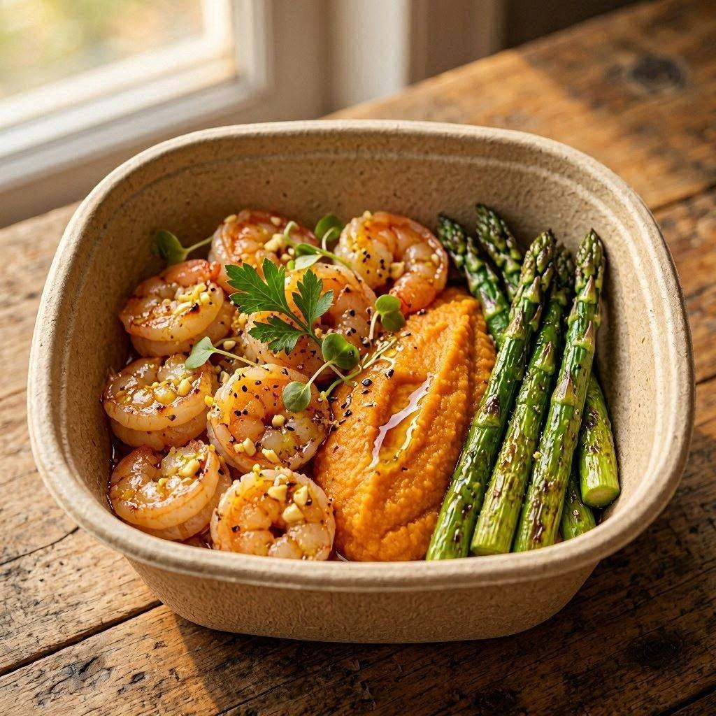 Garlic Lemon Shrimp with sweet potato pure and Asparagus