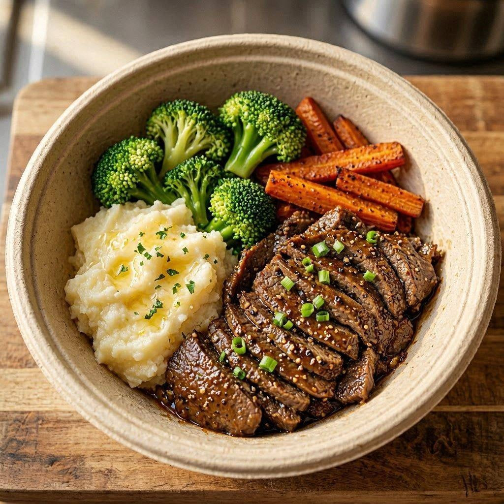 Pepper beef, mashed potatoes and broccoli with roasted carrots