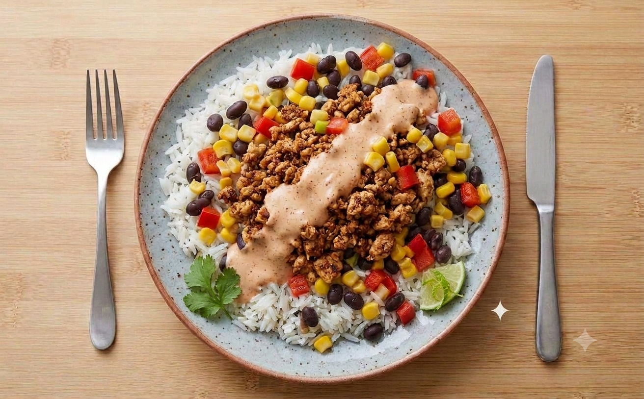 Southwest Chicken with BBQ Yogurt drizzle on Cilantro Lime Rice